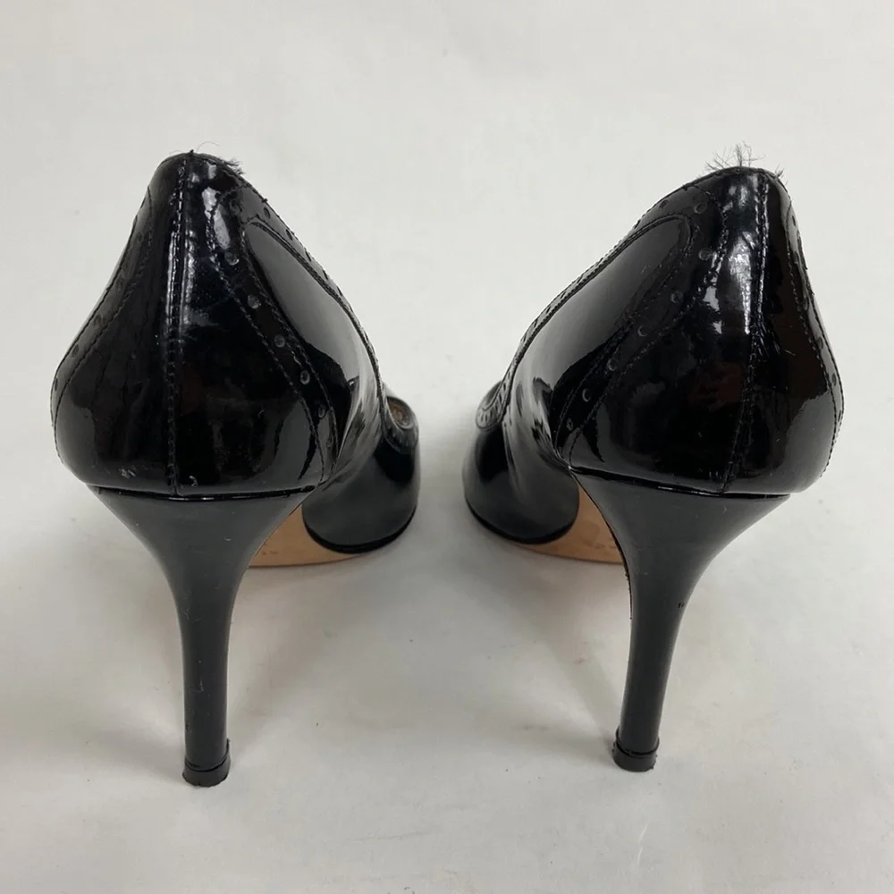 Kate Spade Giselle Oxford Patent Leather Peep Toe Perforated Trim Black Heels